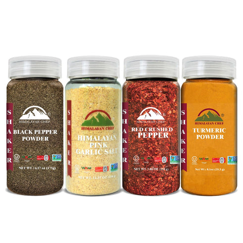Himalayan Chef Shaker Variety Pack (Turmeric Powder, Black Pepper, Garlic Salt Powder & Red Crushed Pepper)