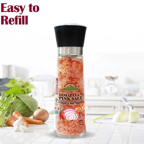 Pink Salt + Onion+ Red Crushed Pepper Large Glass Grinder - 0.66 lbs. | Himalayan Chef