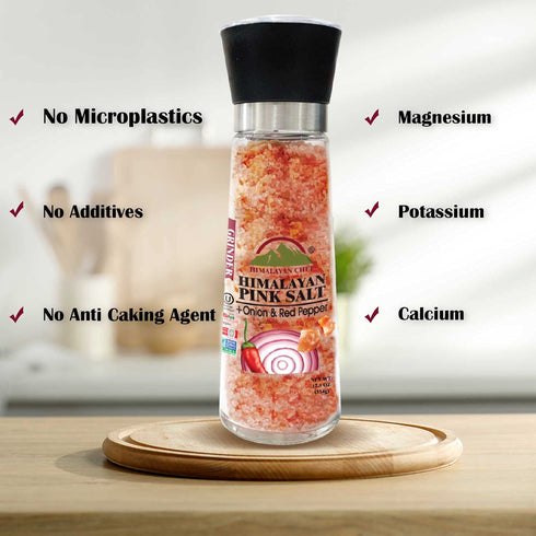Pink Salt + Onion+ Red Crushed Pepper Large Glass Grinder - 0.66 lbs. | Himalayan Chef