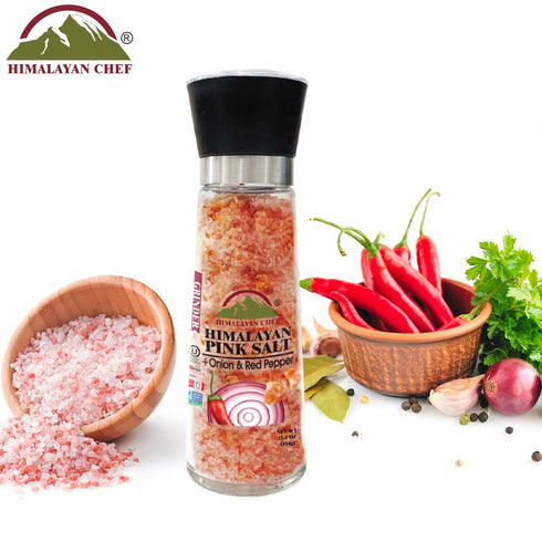 Pink Salt + Onion+ Red Crushed Pepper Large Glass Grinder - 0.66 lbs. | Himalayan Chef