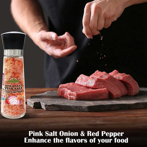 Pink Salt + Onion+ Red Crushed Pepper Large Glass Grinder - 0.66 lbs. | Himalayan Chef