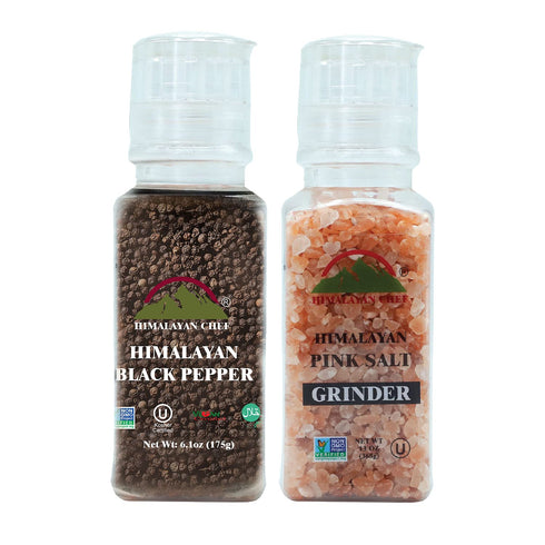 Himalayan Chef Salt and Black Peppercorns, Square Plastic Grinder Set