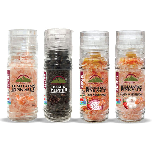 Himalayan Chef Salt & Pepper Grinder Variety Pack (Pink Salt, Black Peppercorn, Onion Salt, Garlic Salt)