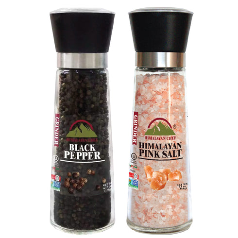 Himalayan Chef Pink Salt and Pepper Medium Grinder Set, Adjustable and Refillable Glass Grinder
